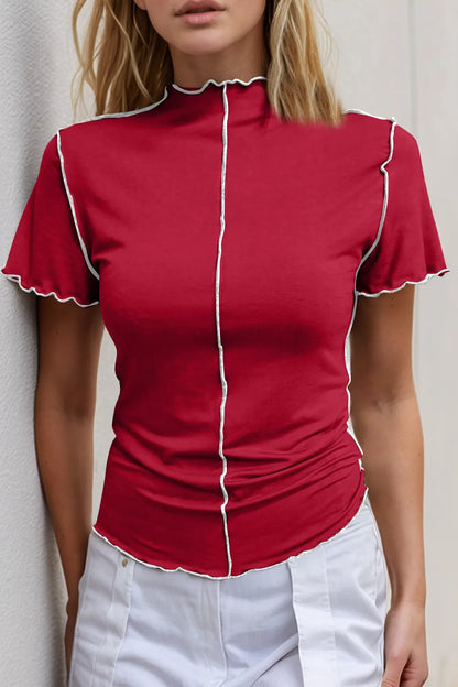 Basic Bae Mock Neck Wave Edge Contrast Stitching Ruffle Short Sleeve Slim Fit Casual Top