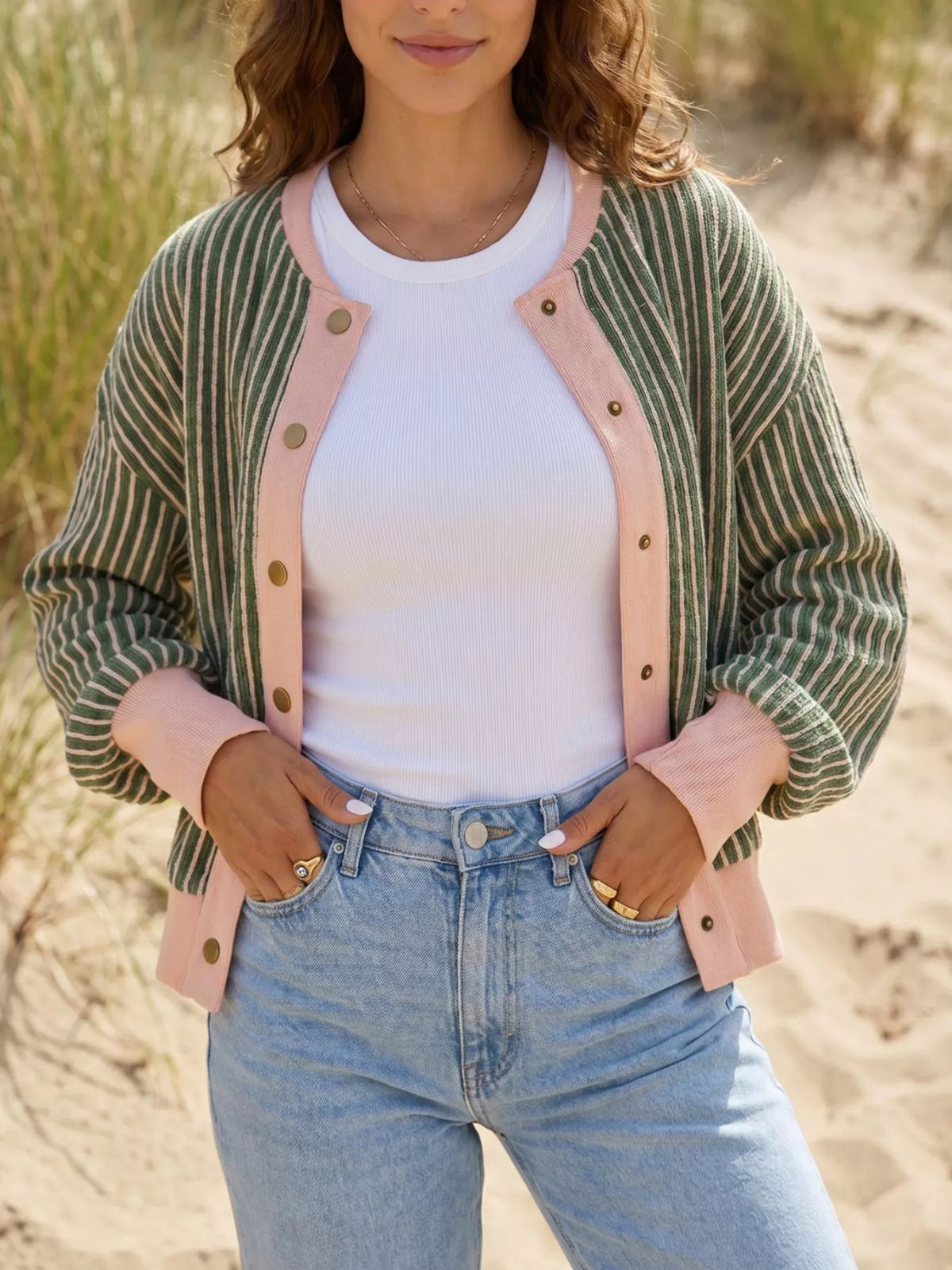 Striped V Neck Patchwork Long Sleeve Regular Fit Cardigan