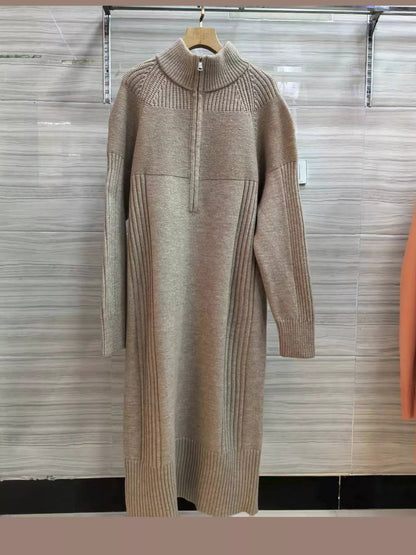 Half-Zip Ribbed Knit Sweater Dress