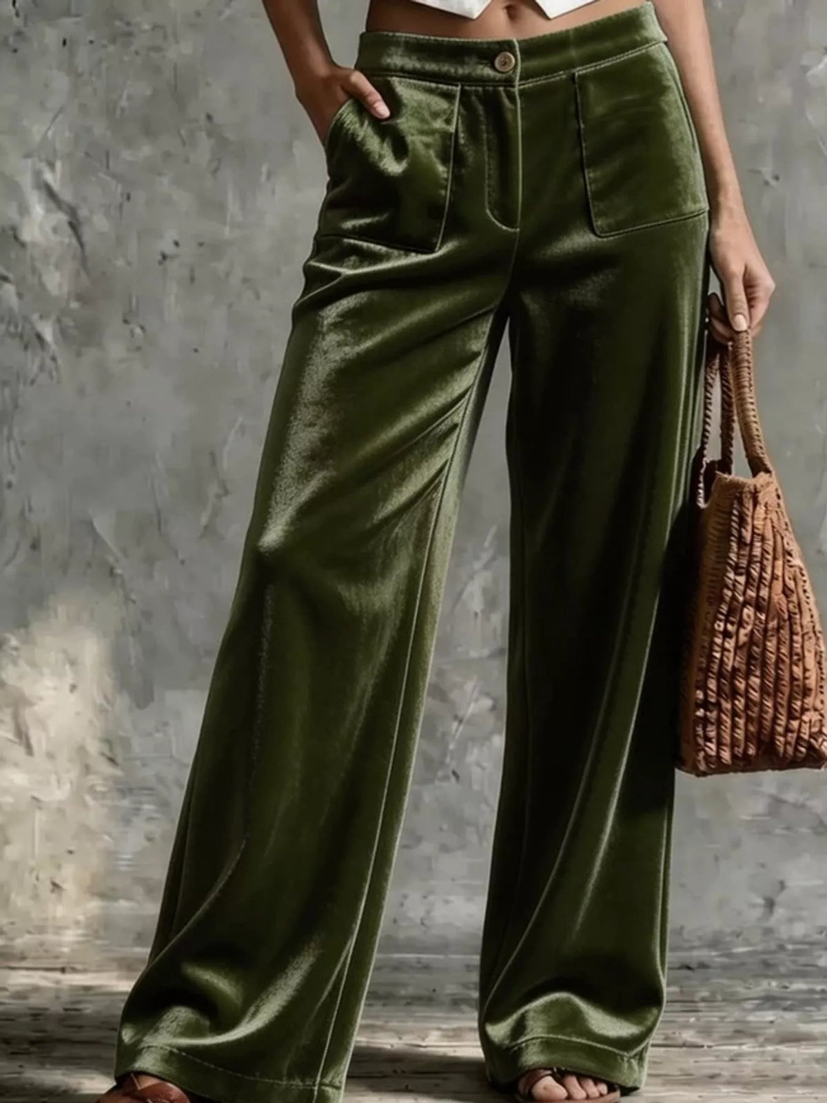 Full Size High-Waisted Wide-Leg Velvet Pants with Pockets Plus Size