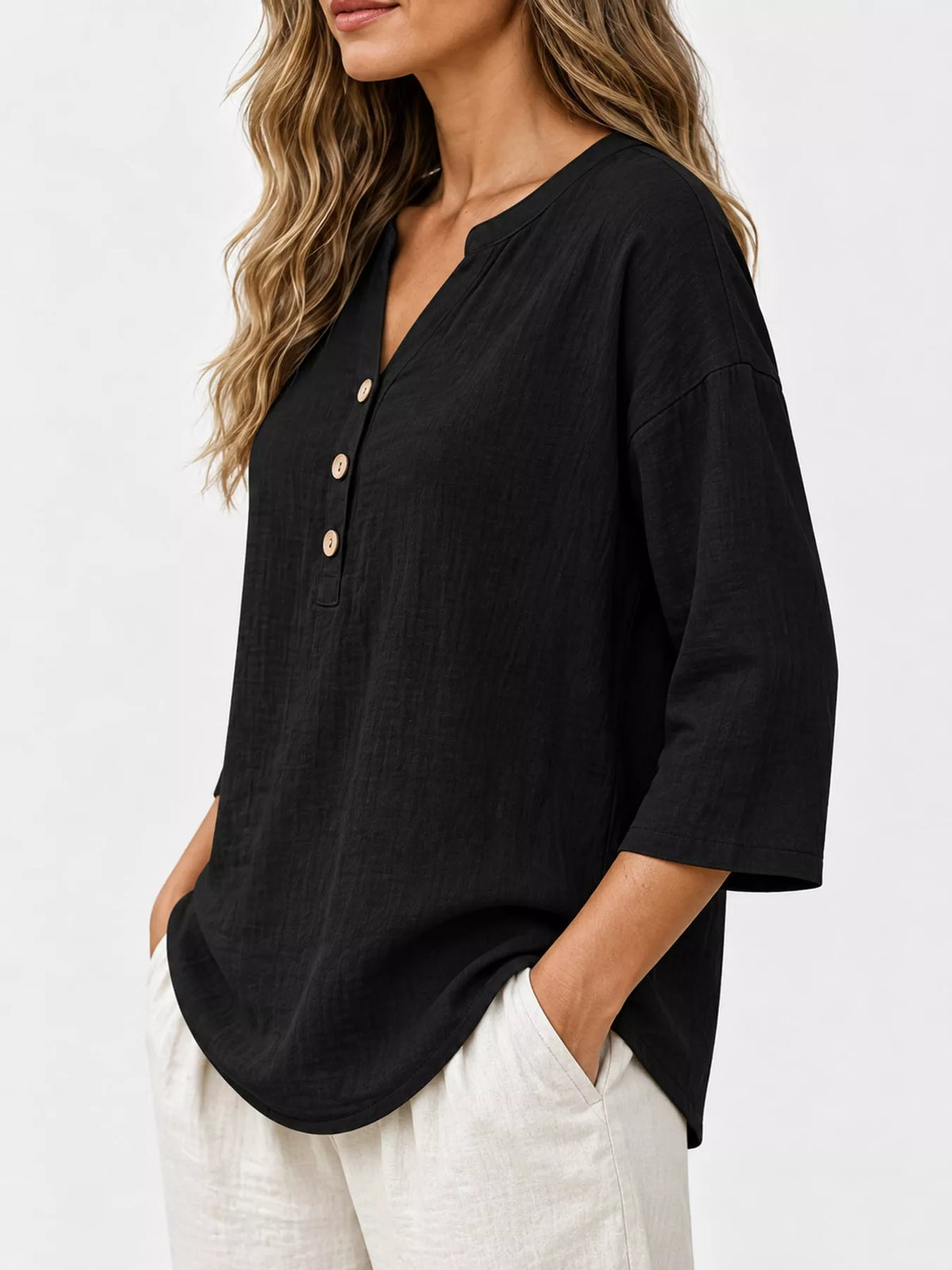 Full Size Button Detail Notched 3/4 Sleeve Blouse Plus Size
