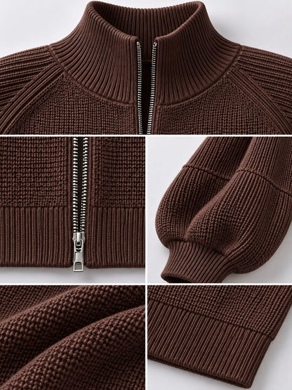 Full Size Elegant Ribbed Knit Zip-Up Cardigan with Lantern Sleeves Plus Size