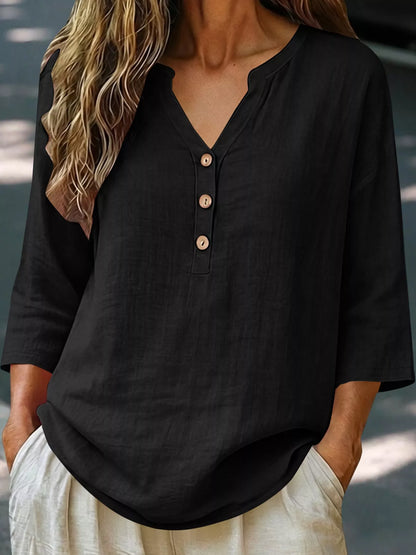 Full Size Button Detail Notched 3/4 Sleeve Blouse Plus Size
