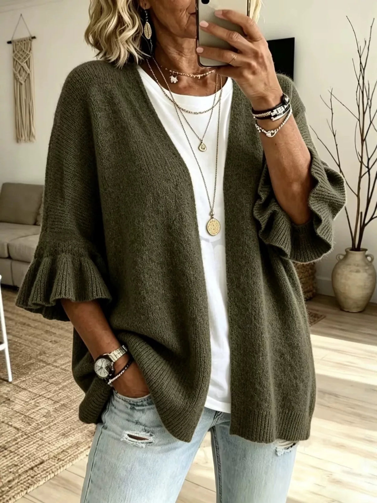 Full Size Ruffle Sleeve Open-Front Cardigan Plus Size