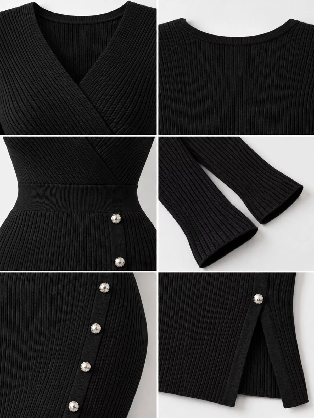 Decorative Button Ribbed Knit Sweater Dress
