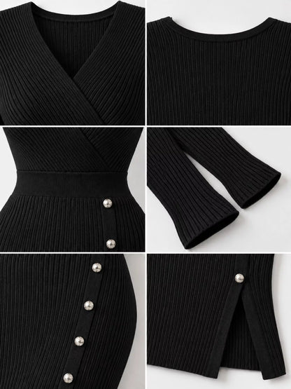 Decorative Button Ribbed Knit Sweater Dress