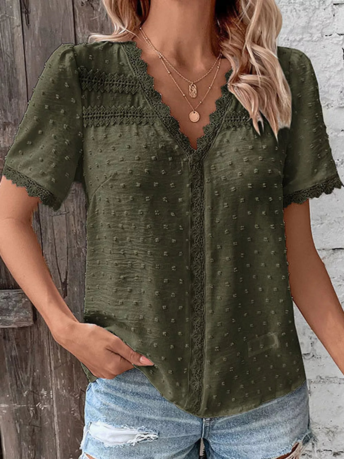 Elegant Swiss Dot V-Neck Blouse with Lace Trim