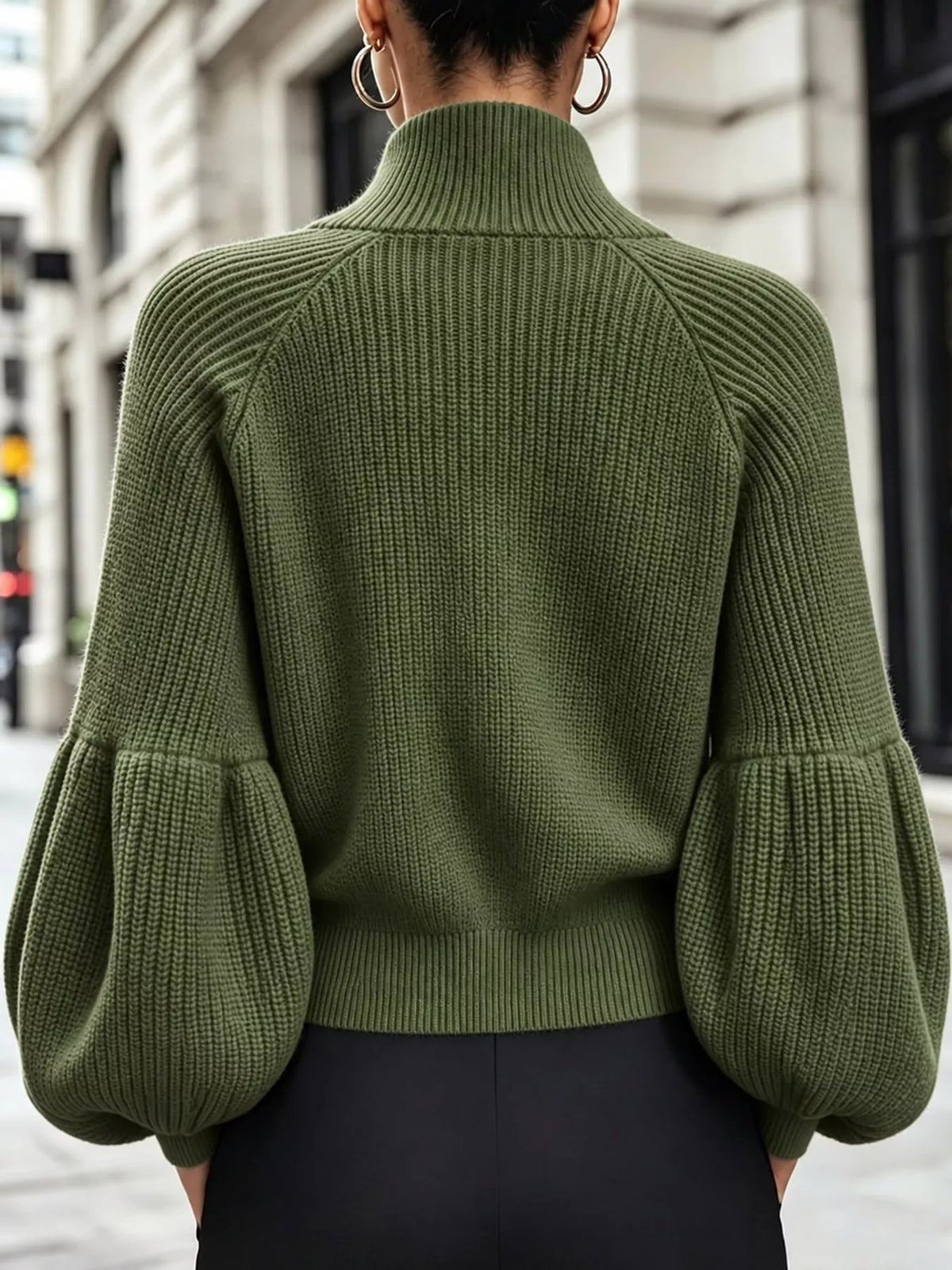 Full Size Elegant Ribbed Knit Zip-Up Cardigan with Lantern Sleeves Plus Size