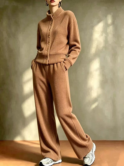 Waffle Knit Button-Up Outerwear and Wide-Leg Pants Set
