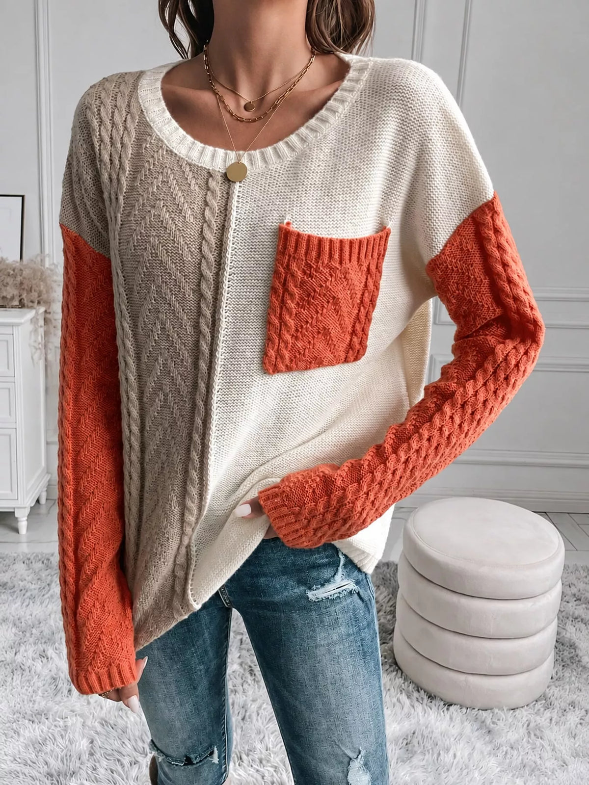 Color Block Cable Knit Sweater