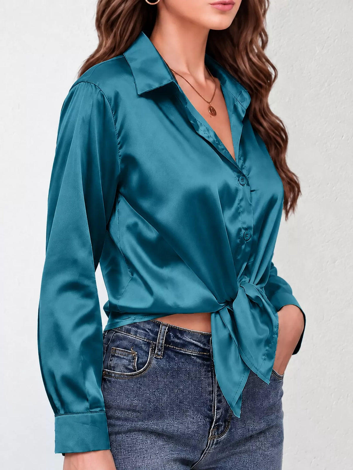 Satin Button-Down Long Sleeve Shirt