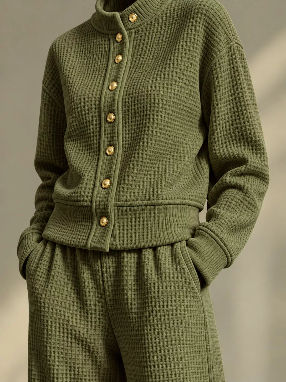 Waffle Knit Button-Up Outerwear and Wide-Leg Pants Set