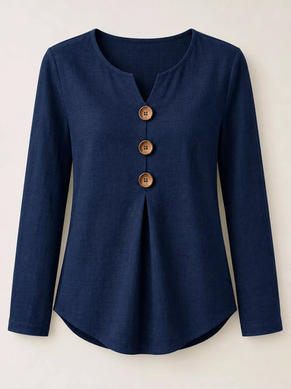 Full Size Long Sleeve Blouse with Decorative Wooden Buttons Plus Size