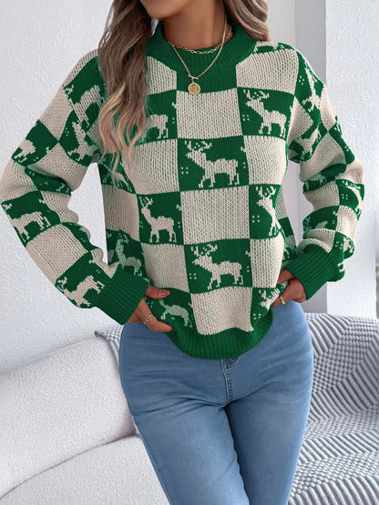 Reindeer Checkerboard Pattern Pullover Sweater