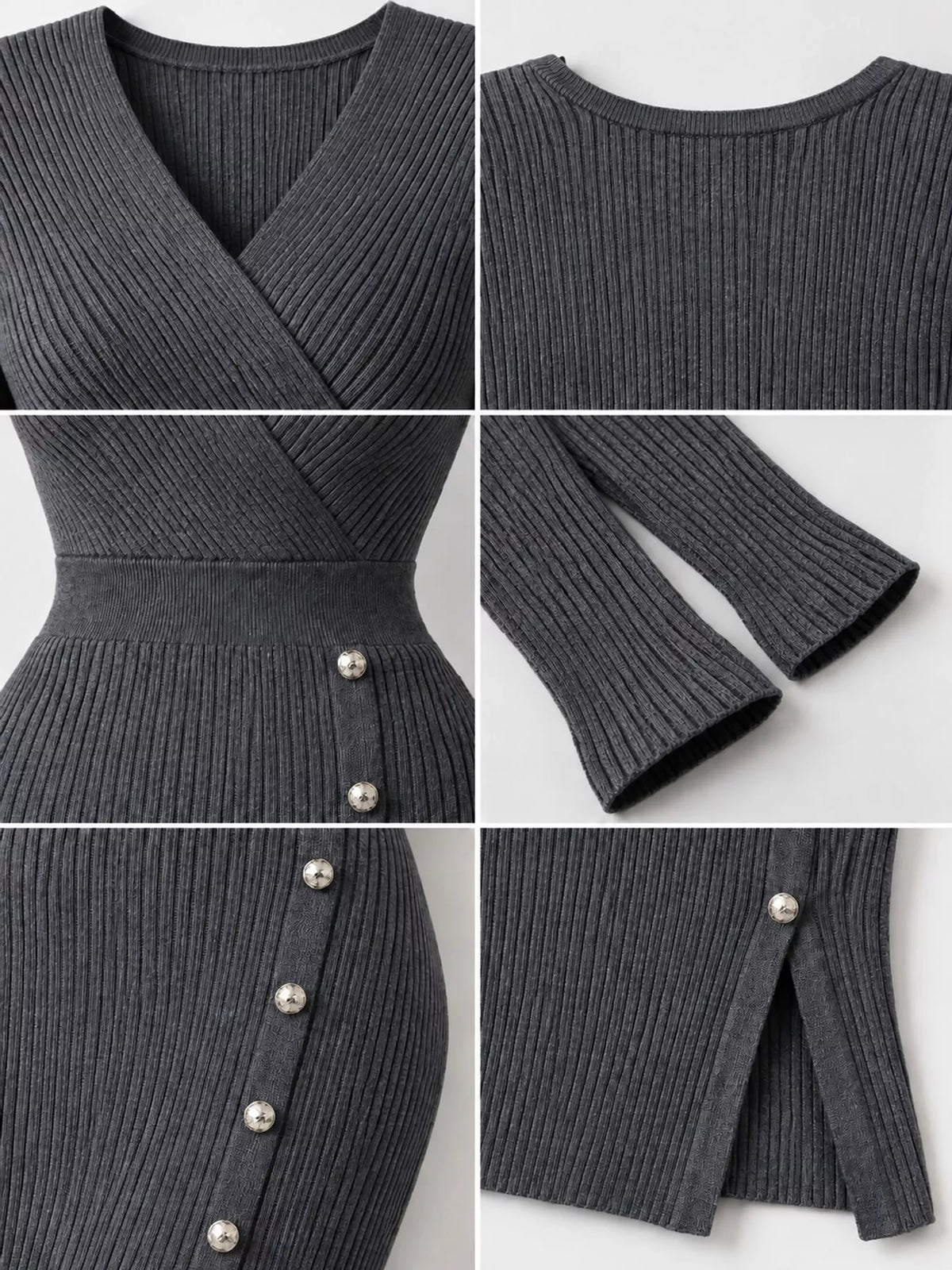 Decorative Button Ribbed Knit Sweater Dress