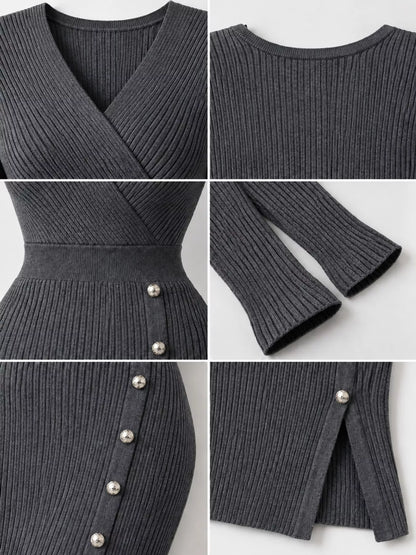Decorative Button Ribbed Knit Sweater Dress