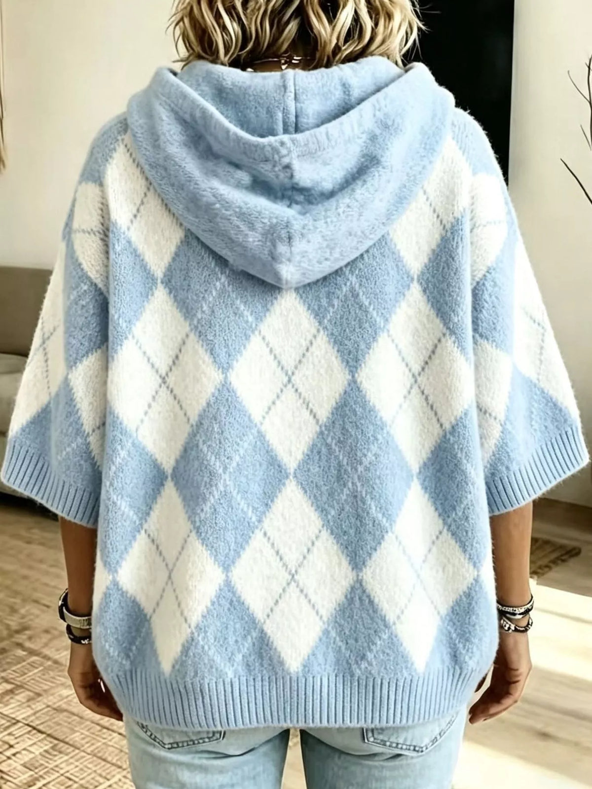 Full Size Argyle Pattern Hooded Sweater Plus Size