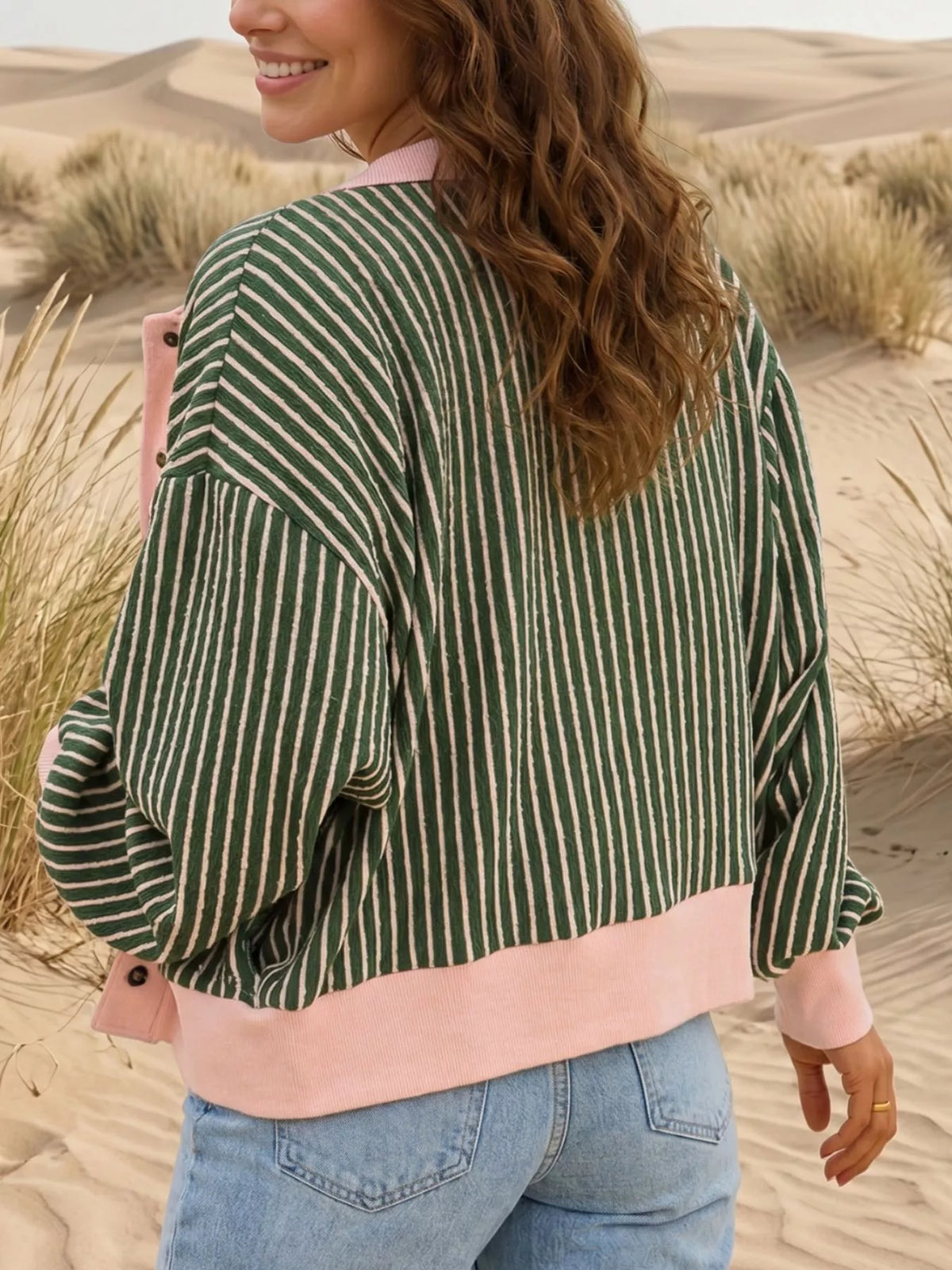 Striped V Neck Patchwork Long Sleeve Regular Fit Cardigan