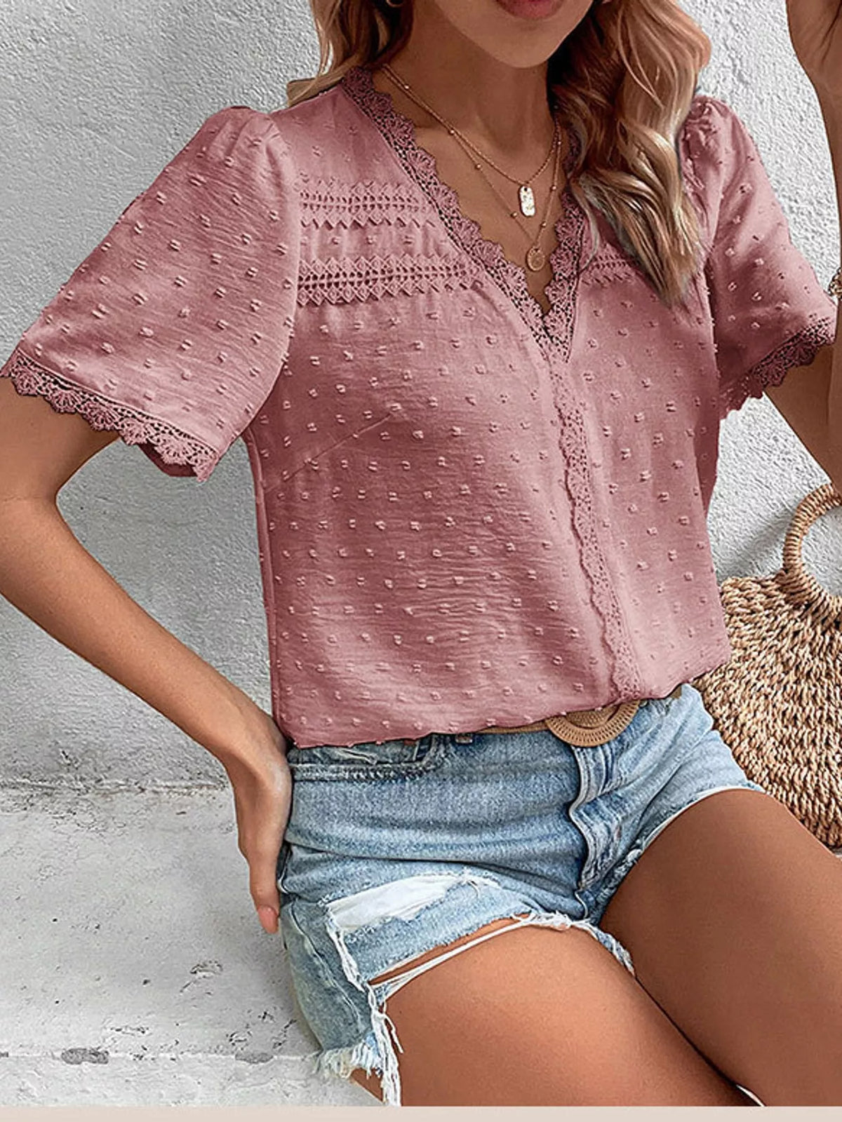 Elegant Swiss Dot V-Neck Blouse with Lace Trim
