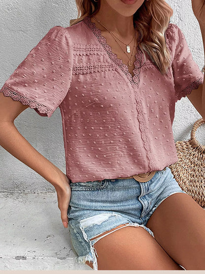 Elegant Swiss Dot V-Neck Blouse with Lace Trim
