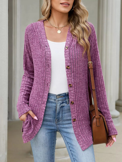 Ribbed Knit Hooded Button-Down Cardigan