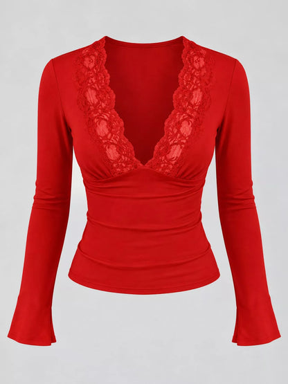 Lace Trim V-Neck Long Sleeve Slim Fit T-Shirt