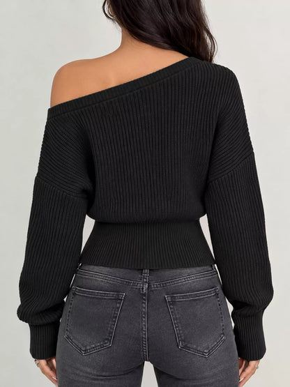 One Shoulder Ribbed Knit Sweater