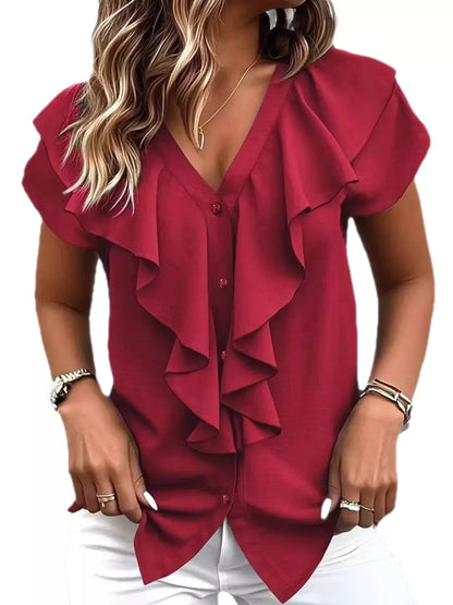 Elegant V-Neck Ruffle Trim Button-Down Shirt