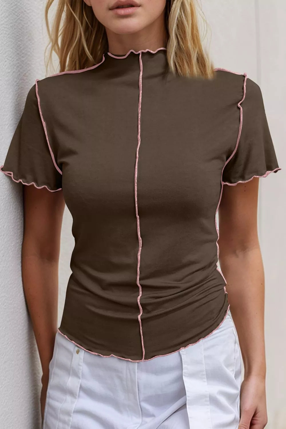 Basic Bae Mock Neck Wave Edge Contrast Stitching Ruffle Short Sleeve Slim Fit Casual Top