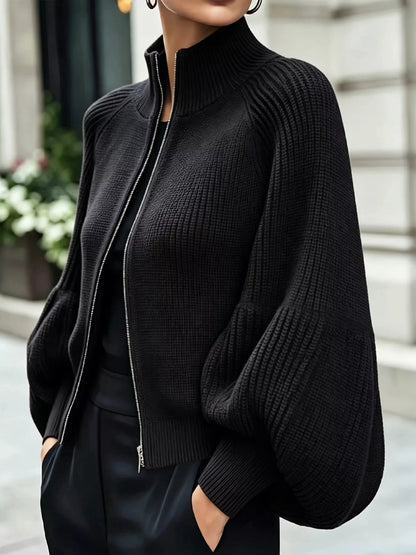 Full Size Elegant Ribbed Knit Zip-Up Cardigan with Lantern Sleeves Plus Size