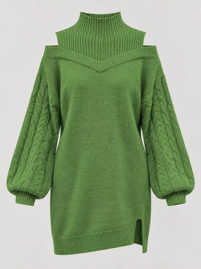 Cold Shoulder Cable Knit Mock Neck Sweater Dress