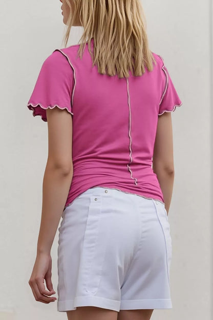 Basic Bae Mock Neck Wave Edge Contrast Stitching Ruffle Short Sleeve Slim Fit Casual Top