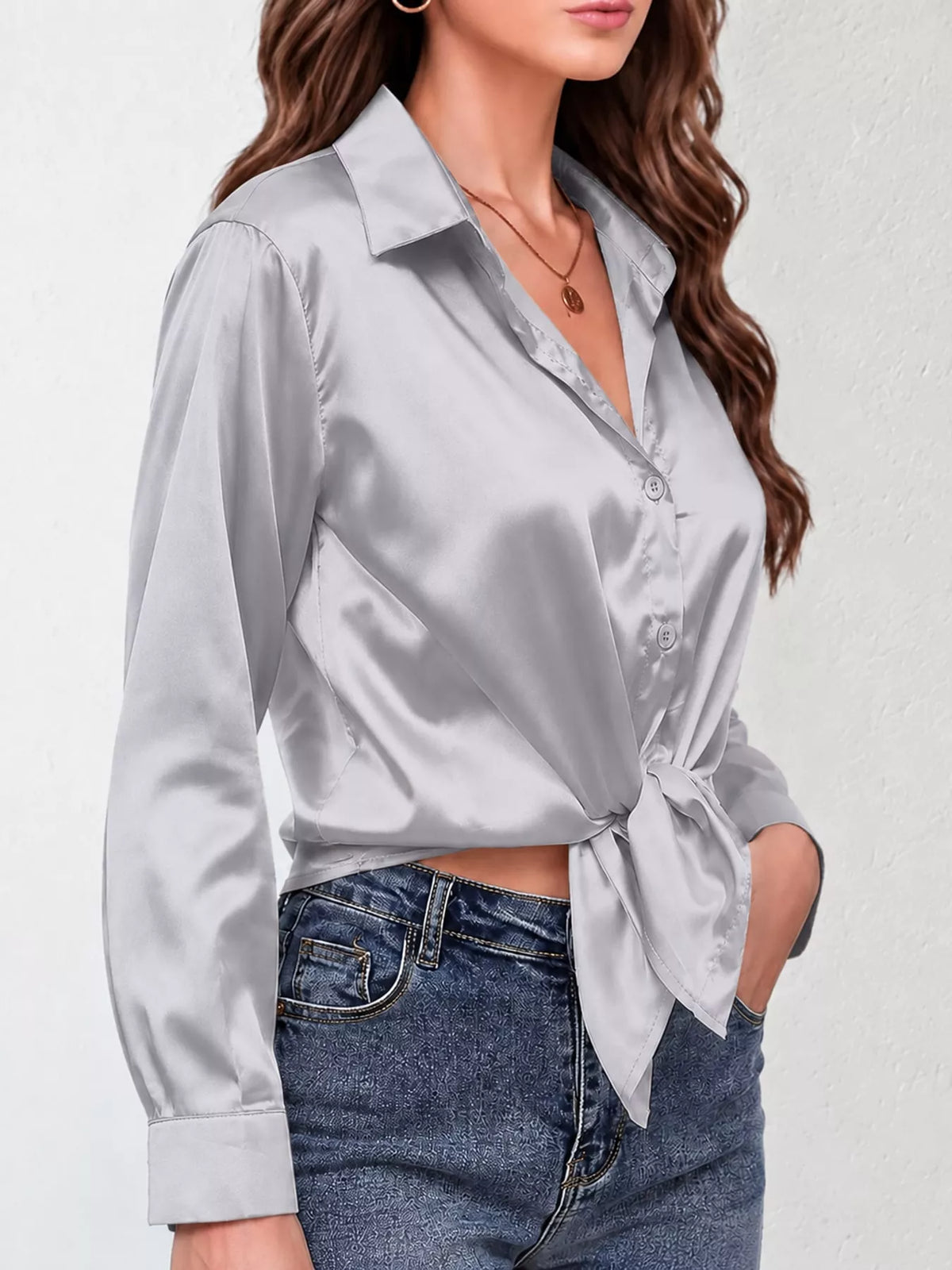 Satin Button-Down Long Sleeve Shirt