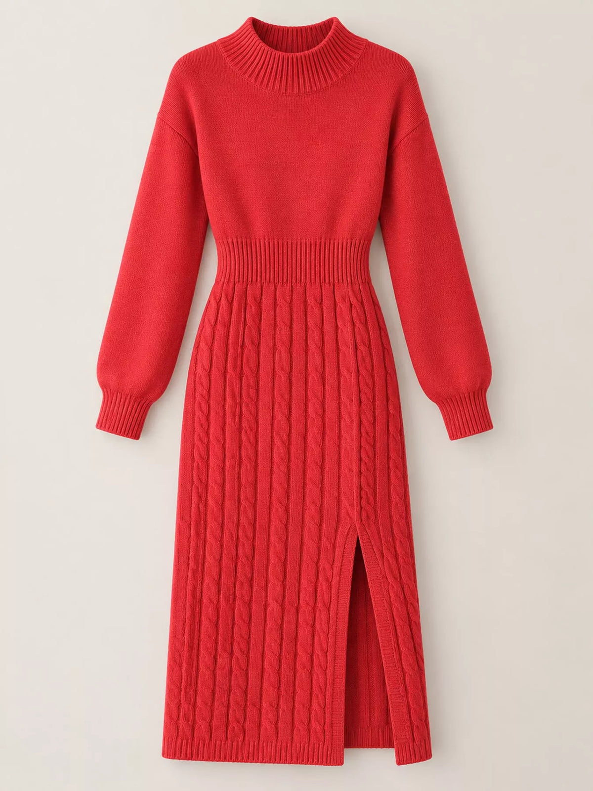 Full Size Mock Neck Cable Knit Sweater Dress with Front Slit Plus Size