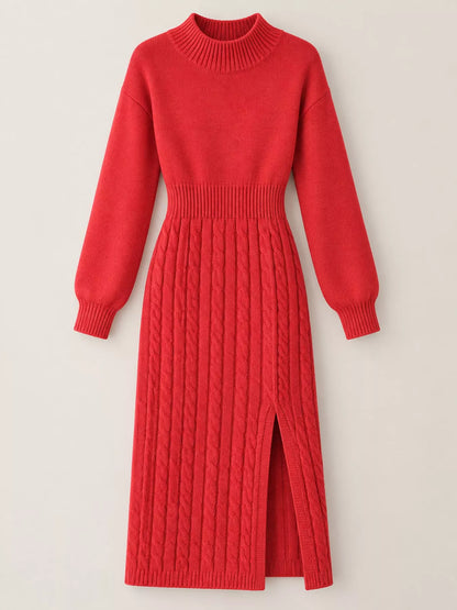 Full Size Mock Neck Cable Knit Sweater Dress with Front Slit Plus Size