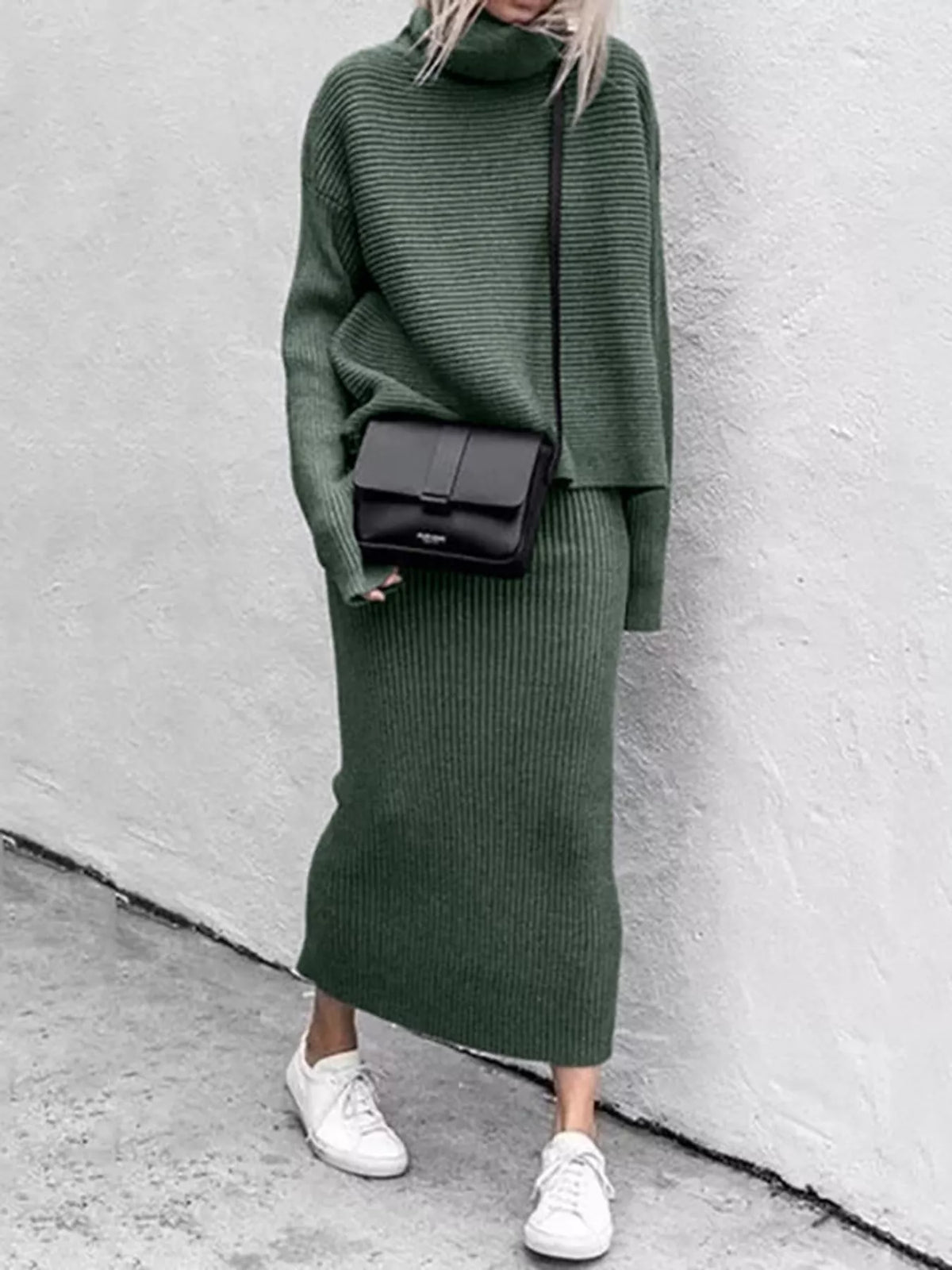 Ribbed Turtleneck Sweater Set with Matching Midi Skirt
