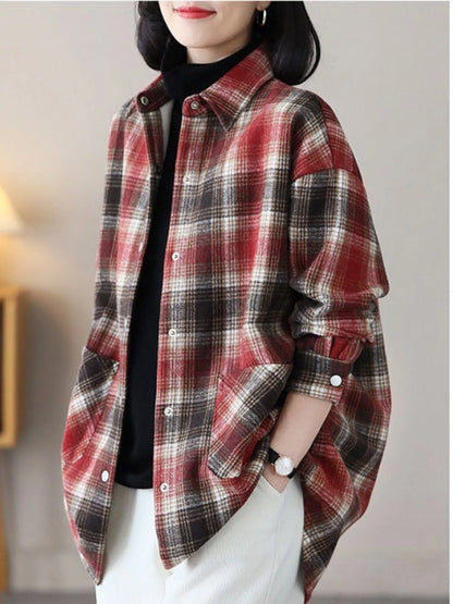 Oversized Plaid Long Sleeve Brushed Shirt with Fleece Lining