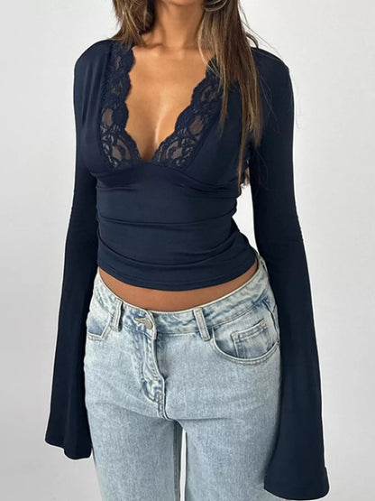 Lace Trim V-Neck Long Sleeve Slim Fit T-Shirt