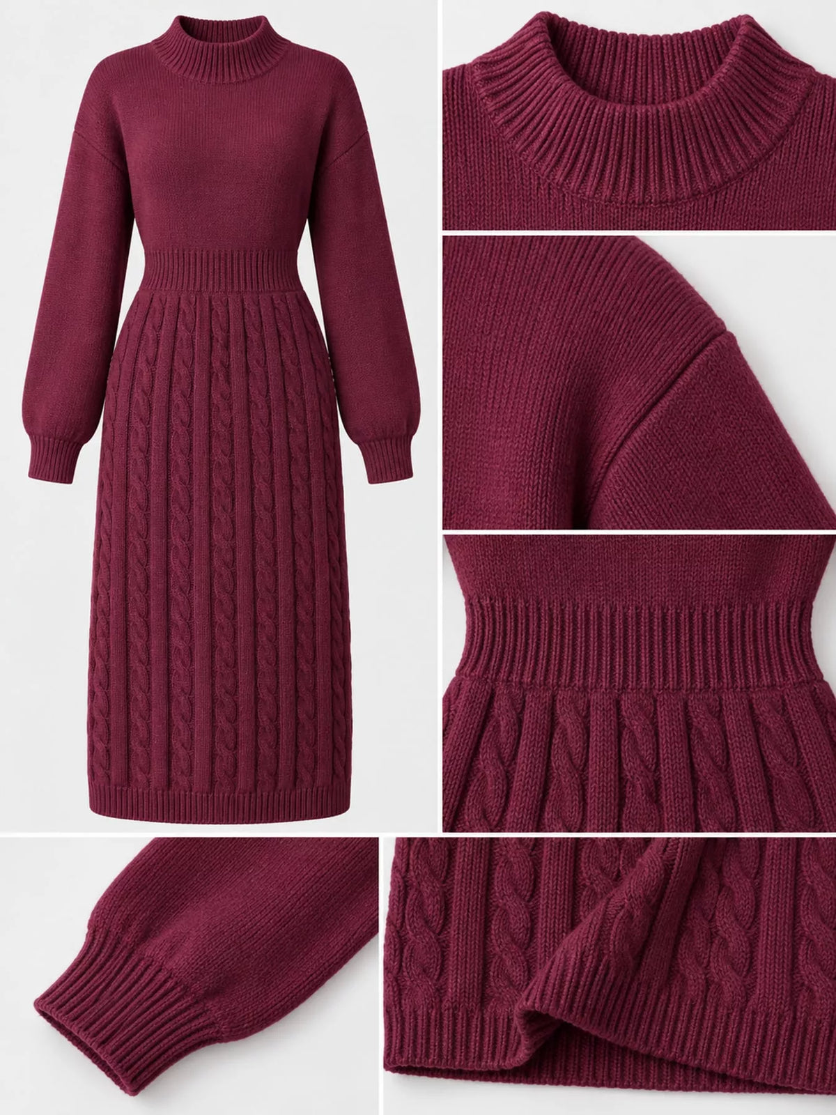 Full Size Mock Neck Cable Knit Sweater Dress with Front Slit Plus Size
