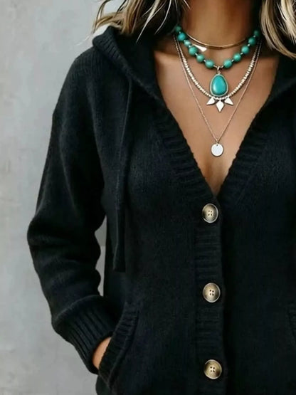 Hooded Button-Down Knit Cardigan