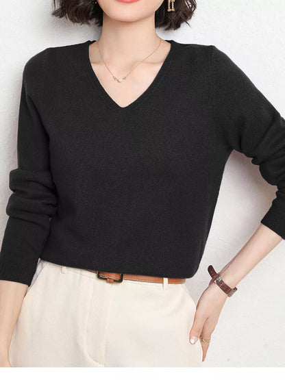 Elegant V-Neck Long Sleeve Soft Knit Top