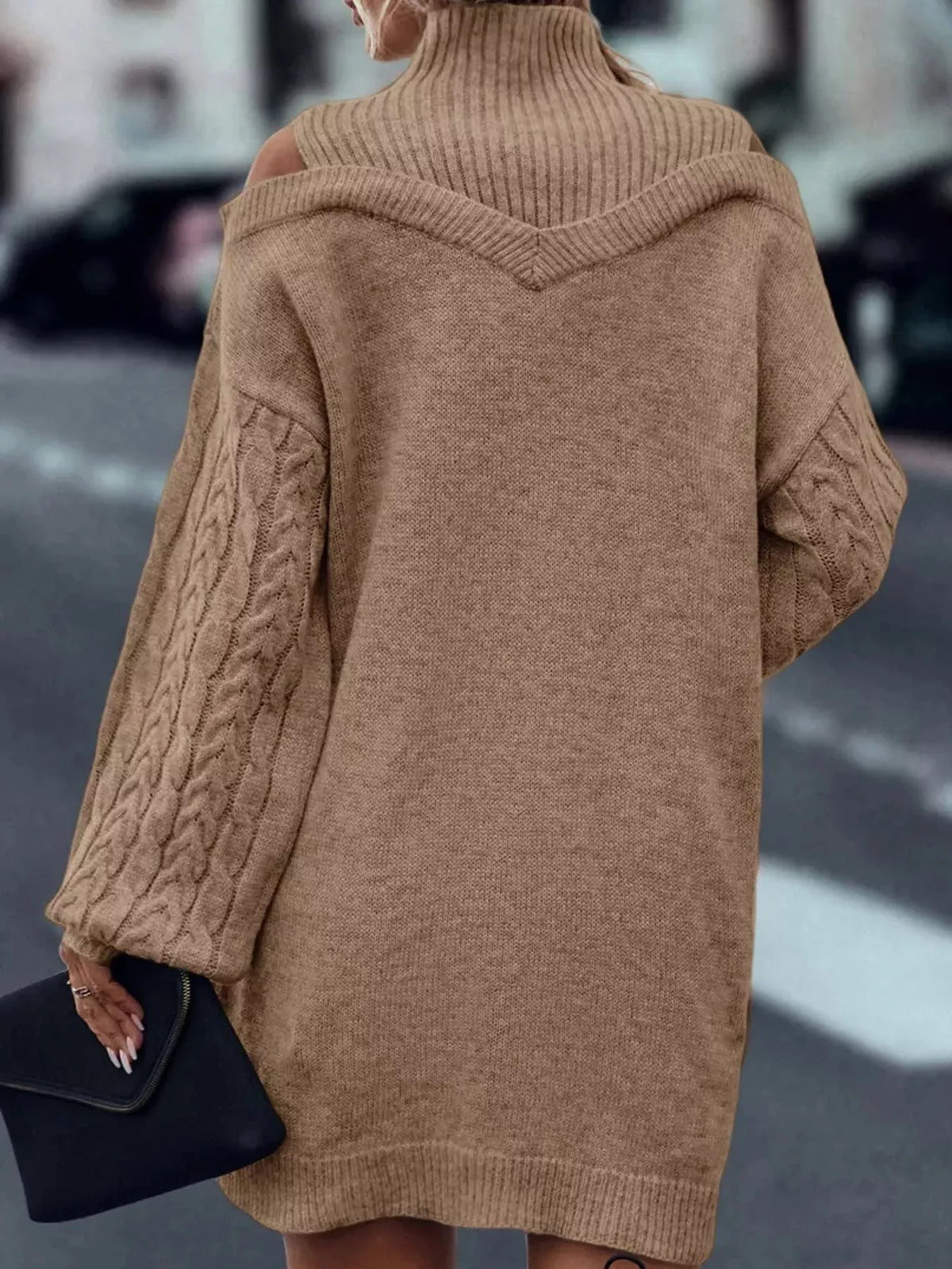 Cold Shoulder Cable Knit Mock Neck Sweater Dress