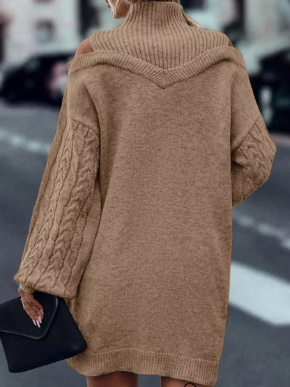 Cold Shoulder Cable Knit Mock Neck Sweater Dress