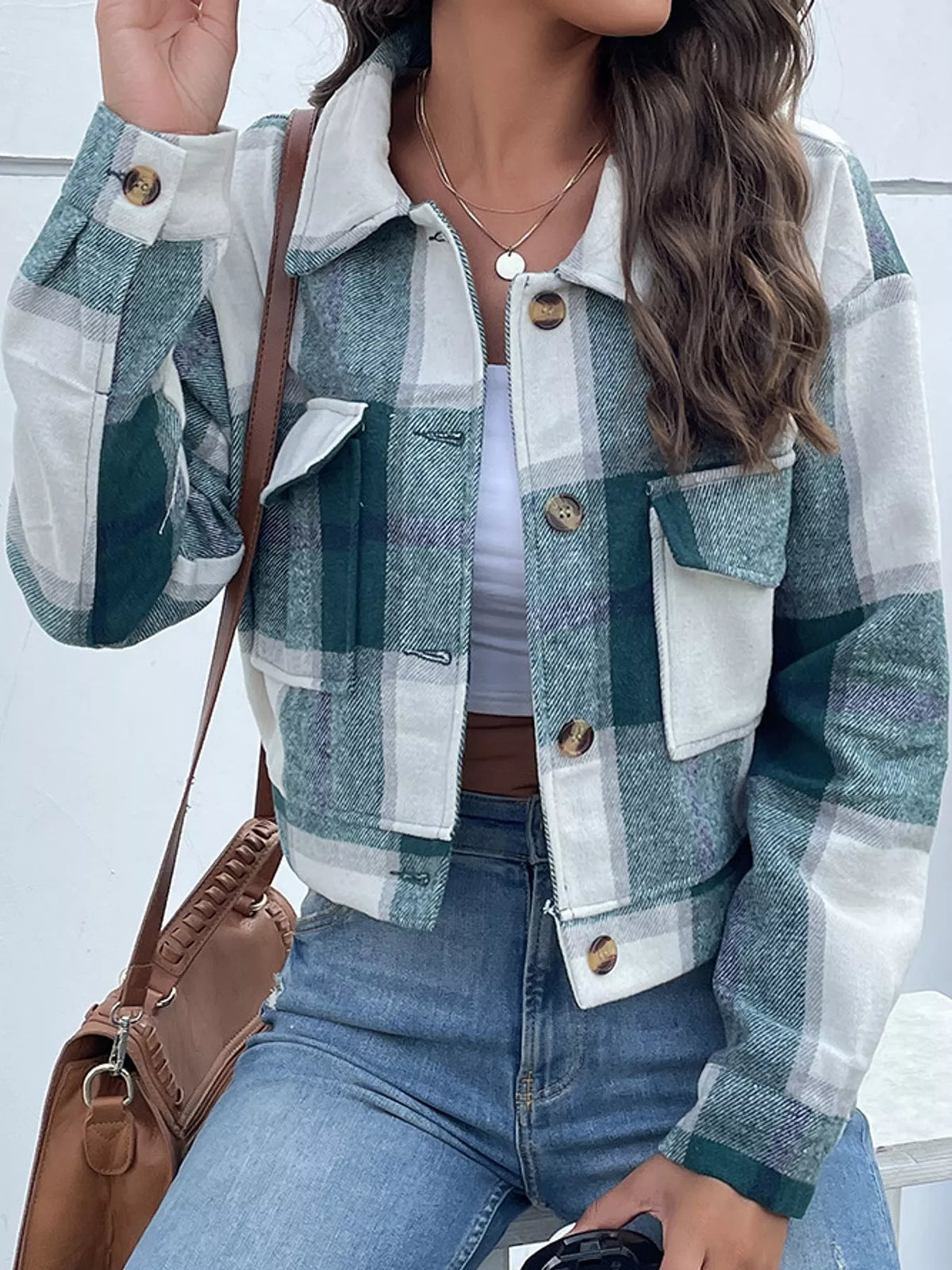 Plaid Button-Up Cropped Jacket