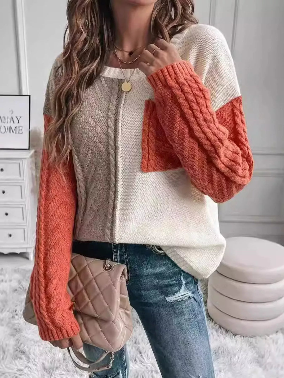 Color Block Cable Knit Sweater