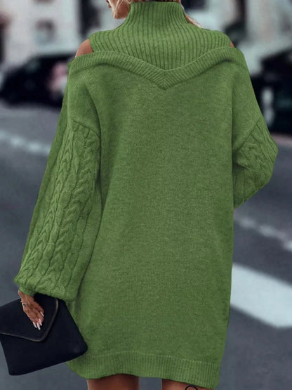 Cold Shoulder Cable Knit Mock Neck Sweater Dress
