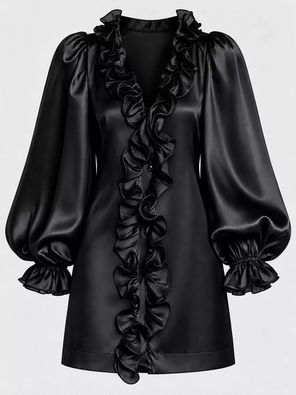 Ruffle Trim Puff Sleeve Mini Dress