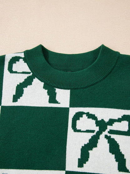 Checkered Bow Round Neck Casual Sweater