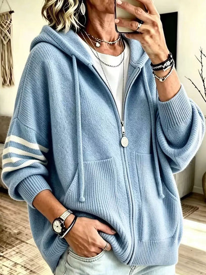 Full Size Casual Hooded Zip-Up Knit Cardigan Plus Size
