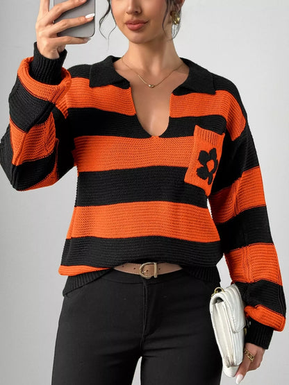 Striped Polo Collar Sweater with Floral Pocket Detail